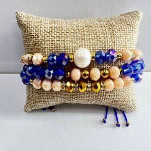Handmade Adjustable Bracelet Set Blue, Beige and Gold Sliding Knot with Pearl